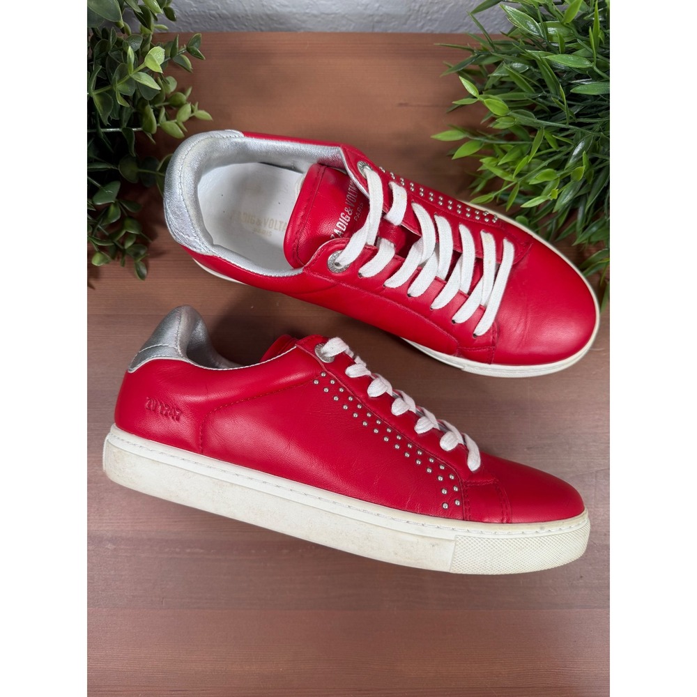 Zadig & Voltaire Womens ZV1747 Red Studded Leather Sneakers Size 37